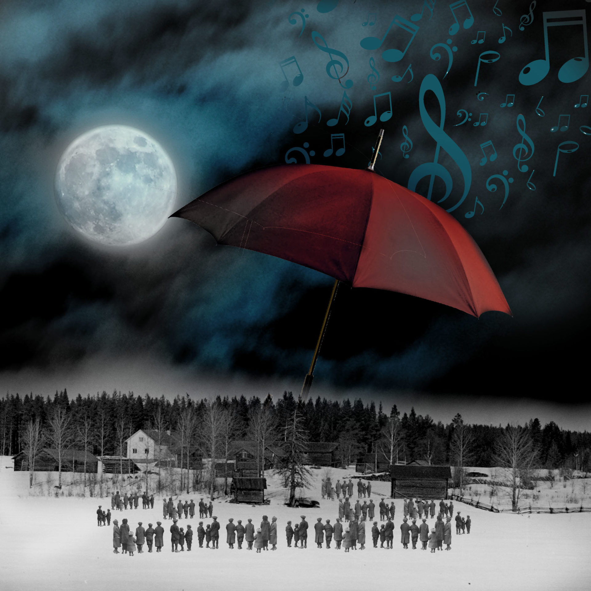 El influjo de la Luna IV: Capricho nocturno. Un paisaje nocturno con luna, y notas musicales caen del cielo con un gran paraguas y gente mirando. Loco Mundo Arte y Bohemia