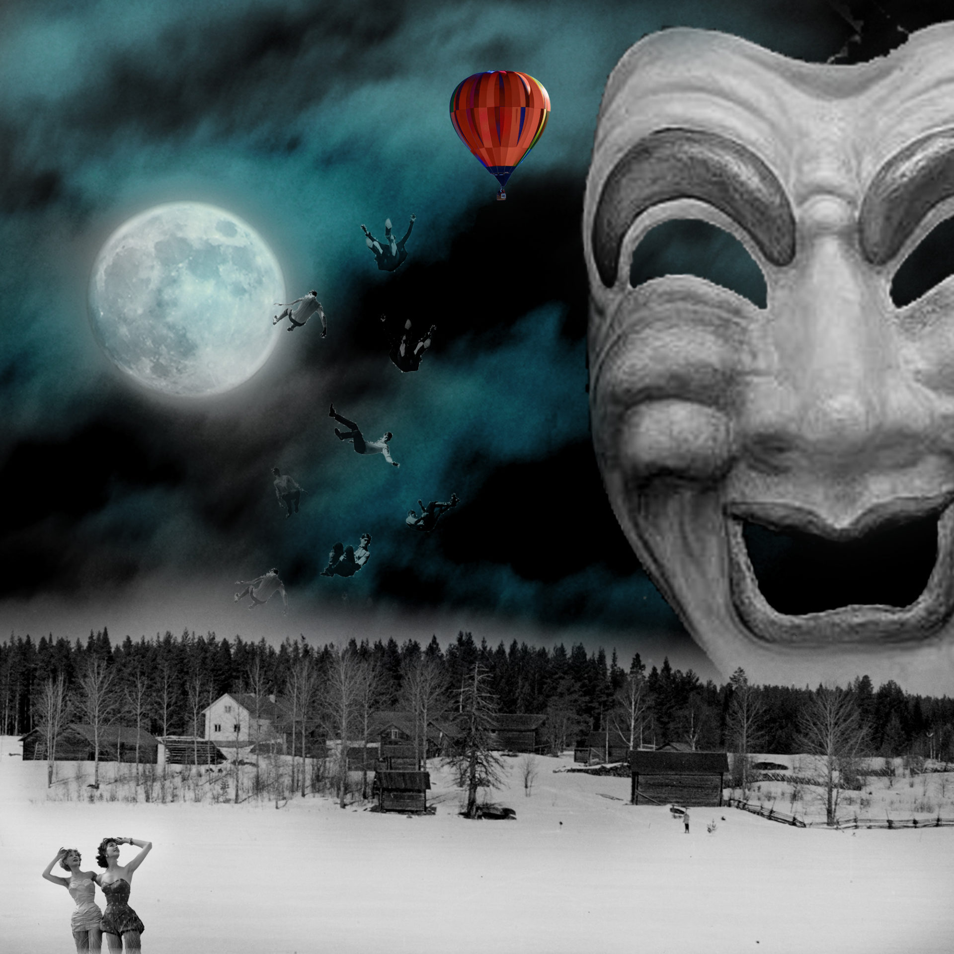 El influjo de la Luna III: Burlesque. Paisaje nocturno con luna, una gran máscara y hombres cayendo de un globo. Loco Mundo Arte y Bohemia