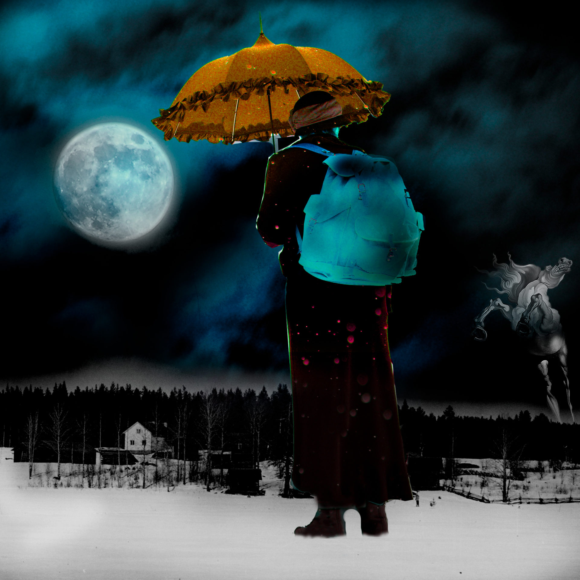 El influjo de la Luna II: Espejismo - Collage con paisaje nocturno con luna, una mujer y el caballo de Dalí. Loco Mundo Arte y Bohemia