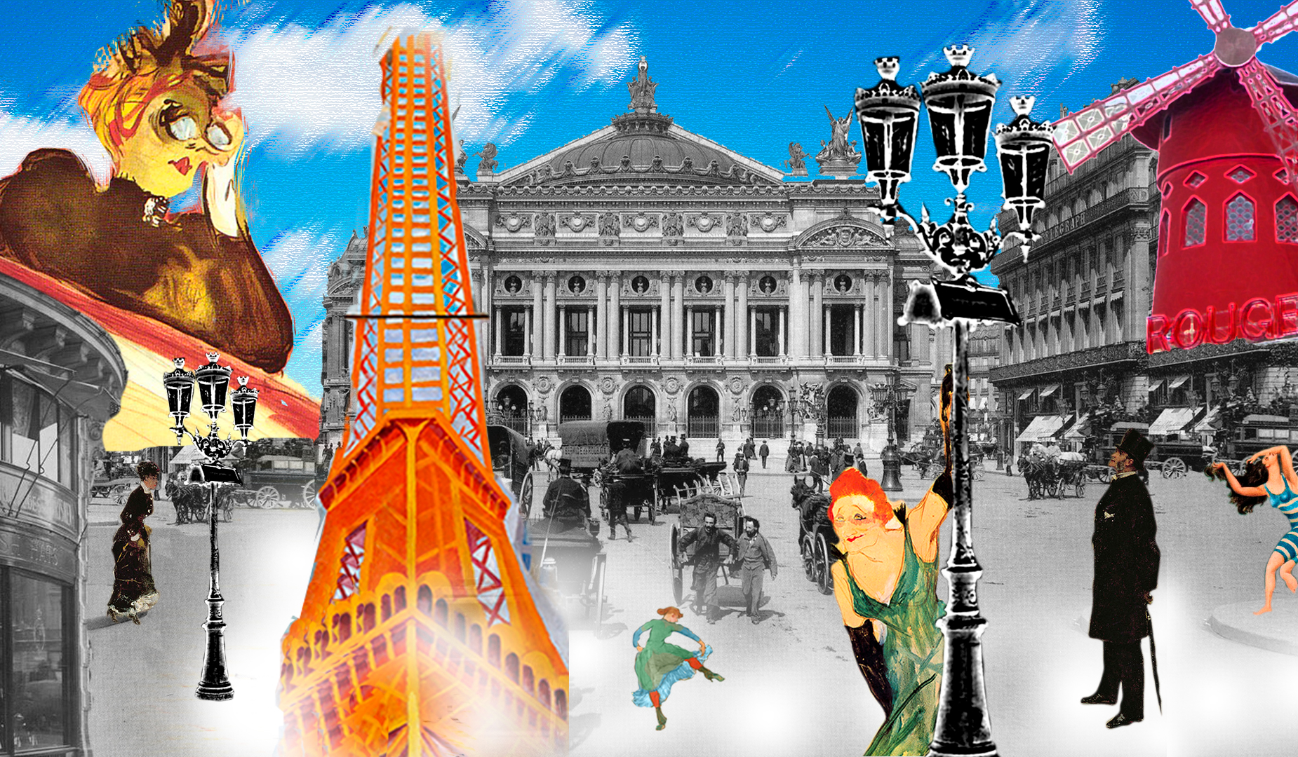 Collage Opera Garnier y calle con caballos en blanco y negro , con Mouline rouge, modelos de Toulouse Lautrec, bañista de Picasso y Torre Eiffel de Delaunay - la Belle Epoque - Surrealismo. Loco Mundo Arte y Bohemia