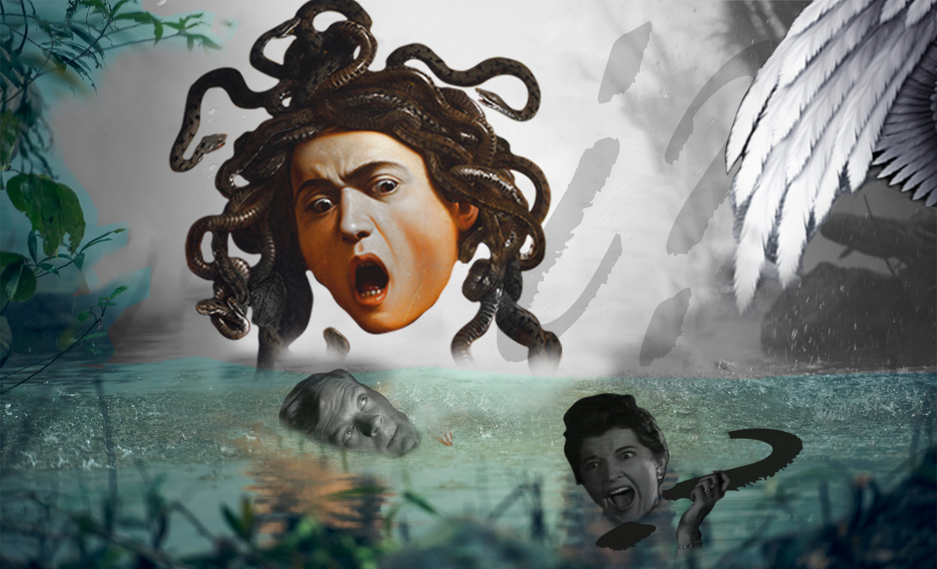 Imagen surrealista.Medusa Caravaggio-lago lluvia-cabezas balnco y negro- alas con cabeza mujer- interrogantes. Loco Mundo Arte y Bohemia