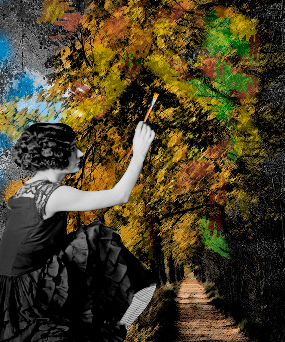 Mujer Blanco y negro pintando el fondo bosque coloreado. Loco Mundo Arte y Bohemia
