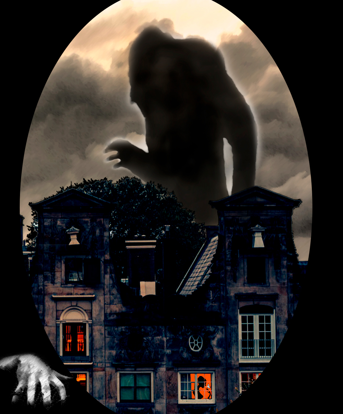 Imagen de una sombra gigante de miedo sobre unas casas de noche con una mano en una esquina. Loco Mundo del Arte y la Bohemia