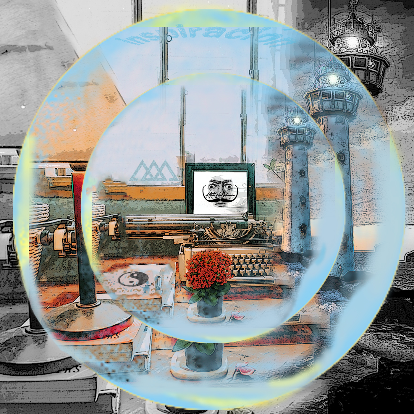 Collage burbuja yin y yan y triángulos pasado, presente, futuro. Loco Mundo Arte y Bohemia