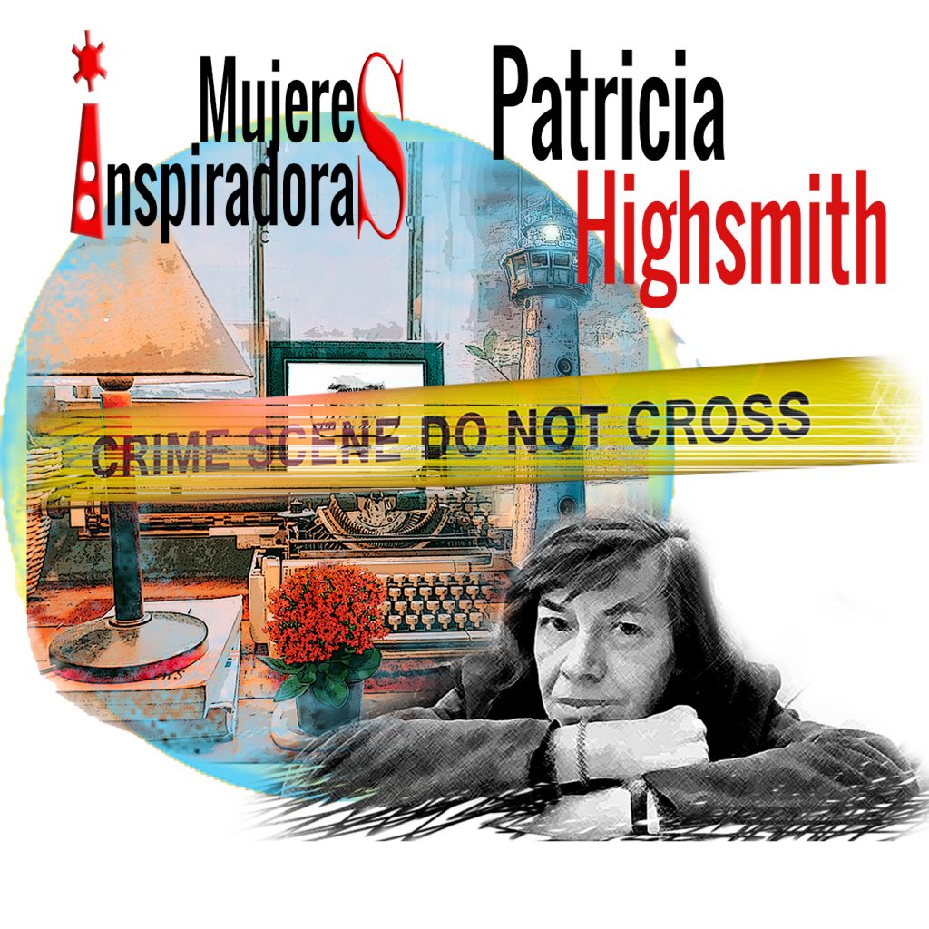 Mujeres inspiradoras Patricia Highsmith, con fondo collage con máquina escribir y un faro coloreados. Loco Mundo Arte y Bohemia