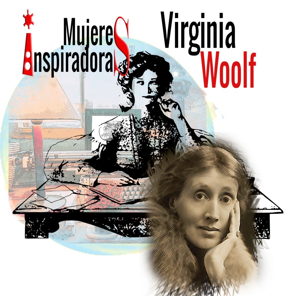 Mujeres inspiradoras: Virginia Woolf con un collage de fondo con un faro y una máquina de escribir. Loco Mundo Arte y Bohemia