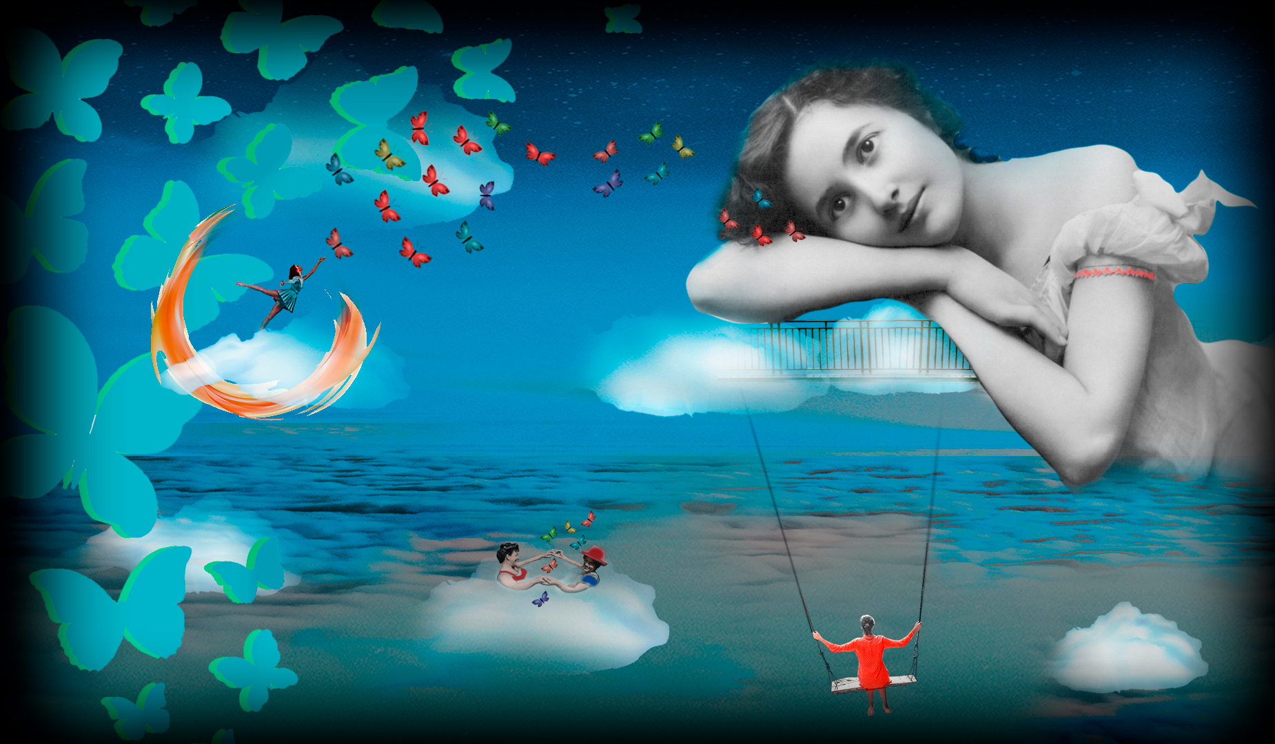 Mujer soñadora sobre nubes y rodeada de mariposas. LocoMundoArteyBohemia