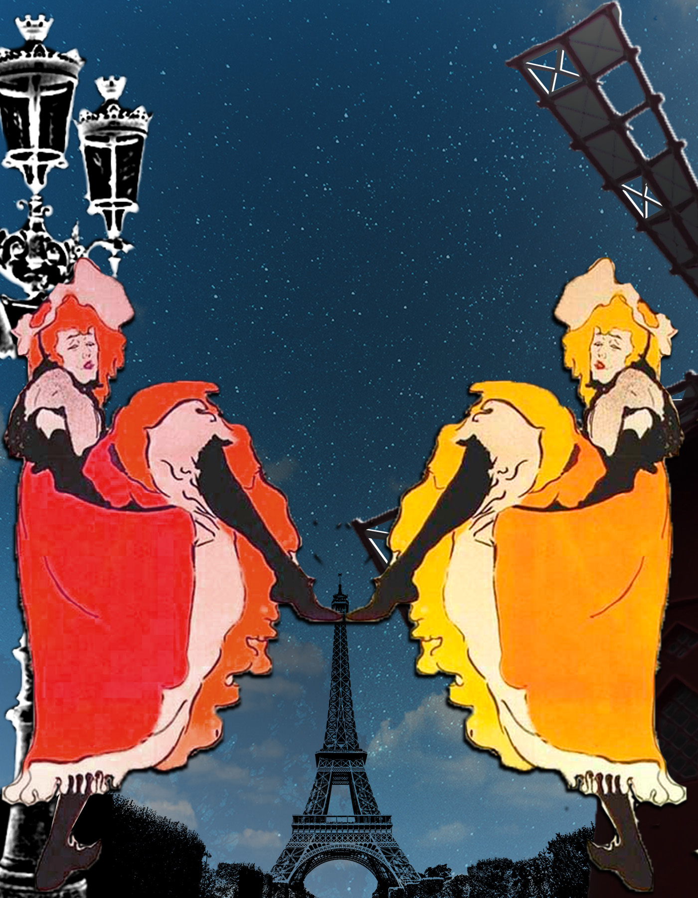 Bohemia París, Jane Avril bailando y Torre Eiffel al fondo. Loco Mundo Arte y Bohemia.