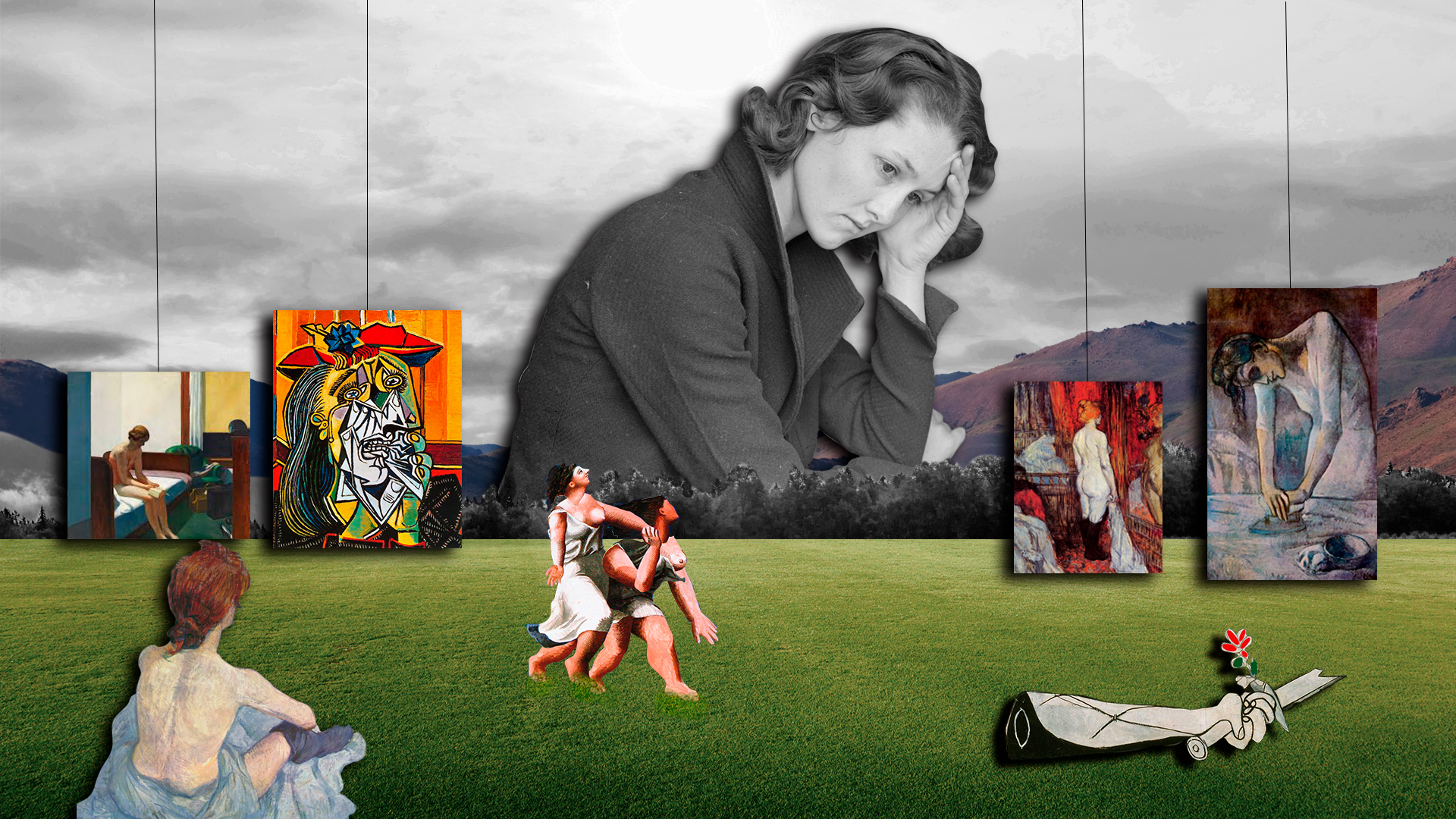 Collage de imágenes de cuadros de mujeres de Picasso, Hopper, Toulouse Lautrec. Al fondo una mujer pensativa entre montañas. Loco Mundo Arte y Bohemia