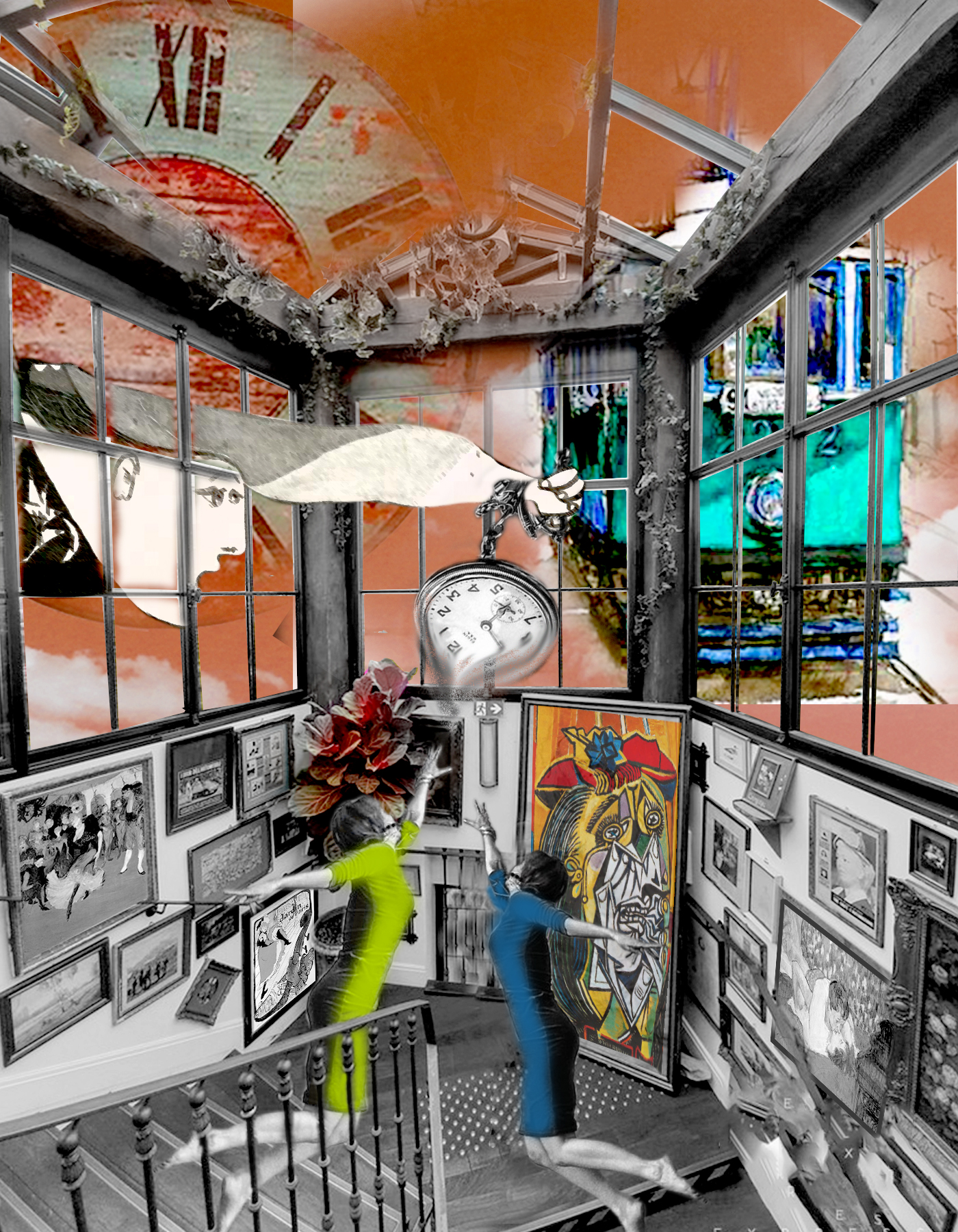 Collage galería pintura con Mujeres saltando y reloj del tiempo. Tranvía a través del ventanal. Loco Mundo Arte y Bohemia