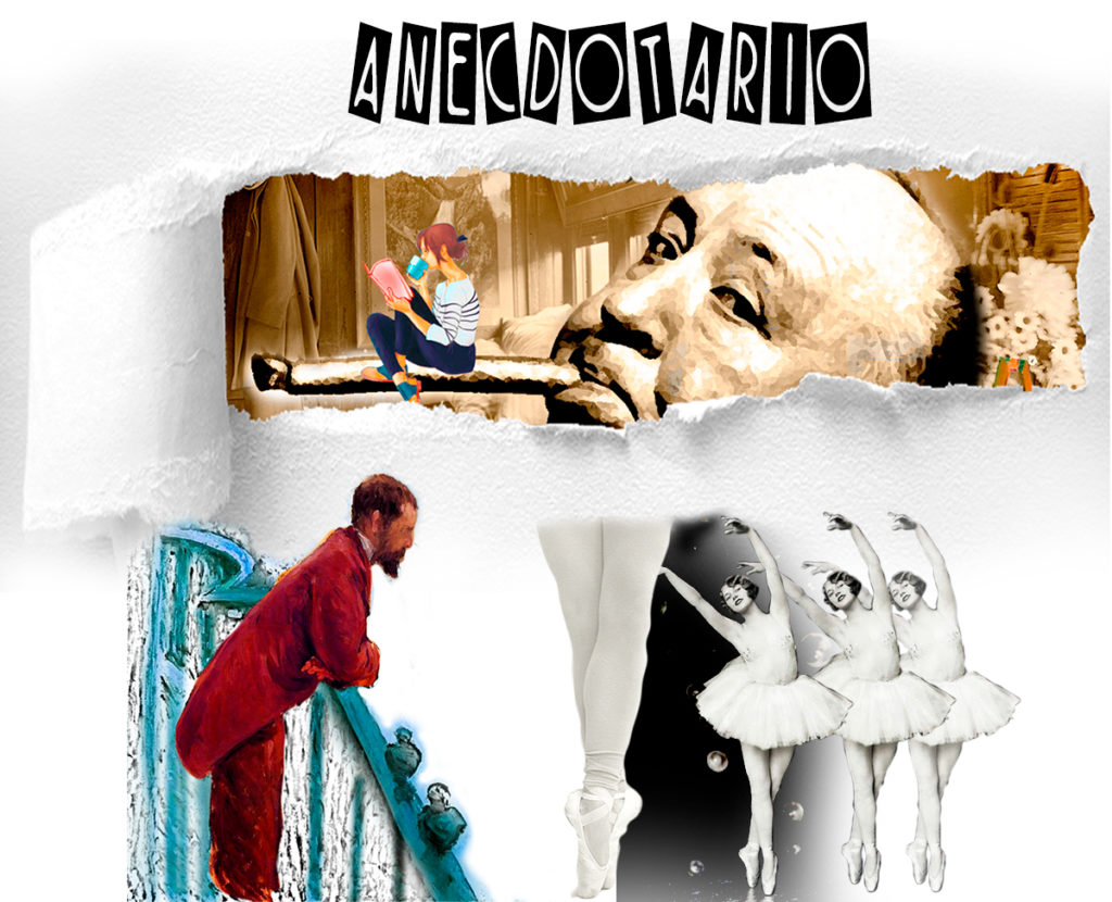 Collage imágenes de Hitchcock, chica leyendo, papel rasgado, con imagen de un hombre asomado a un palco y bailarinas de ballet en blanco y negro. Loco Mundo Arte y Bohemia