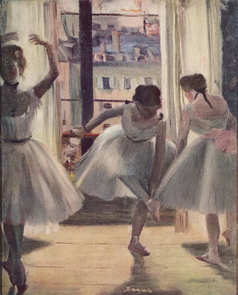 Edgar Degas. Tres bailarinas practicando un ejercicio en el hall. 1880. París
