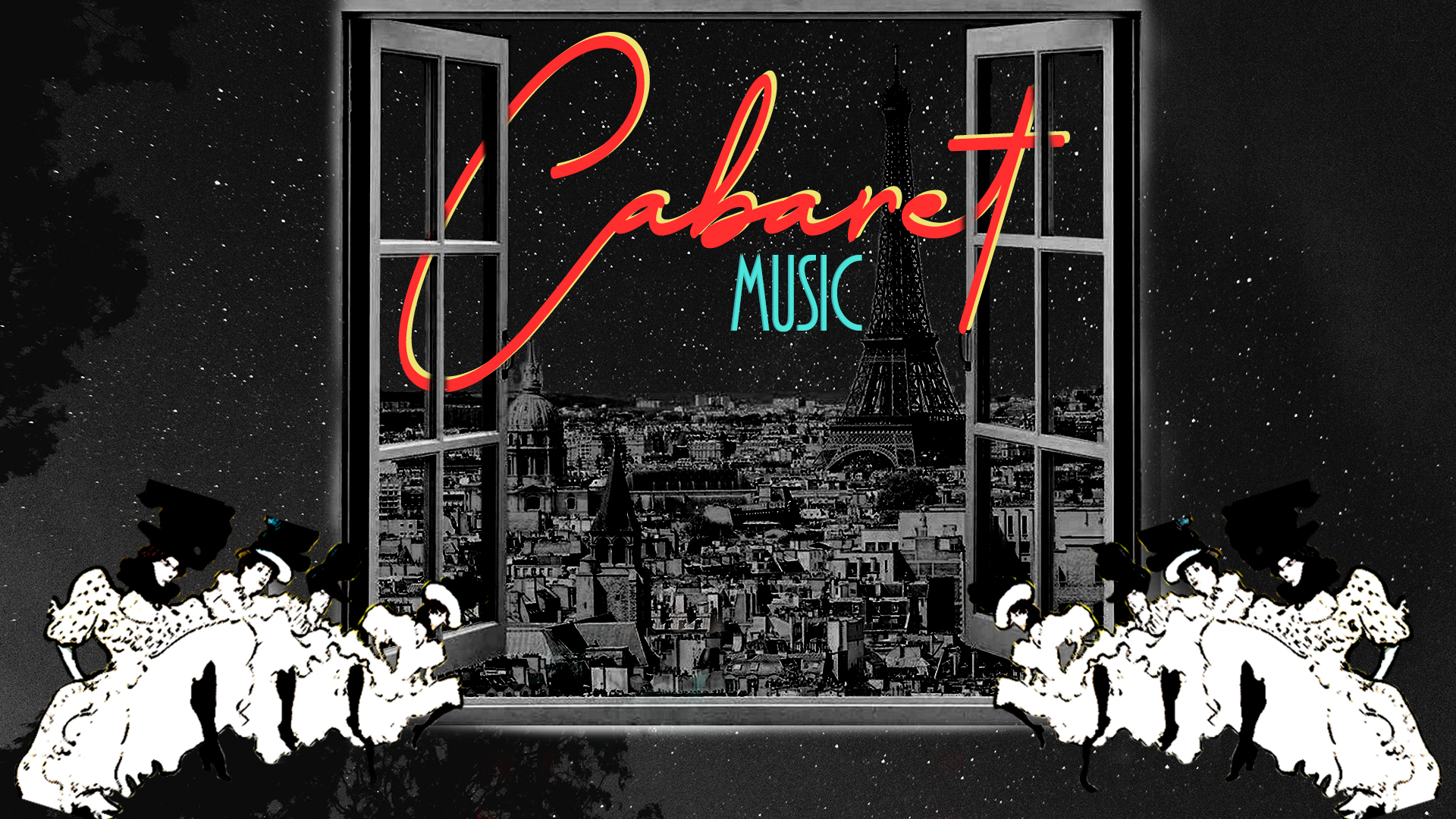 Cabaret música con ventana que se abre a París de noche. Loco Mundo Arte y Bohemia